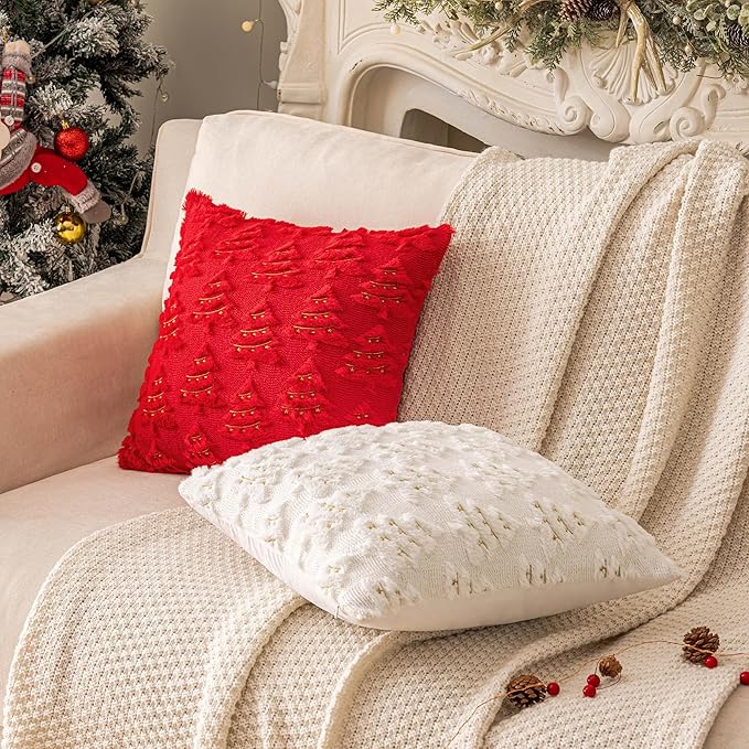 AQOTHES Christmas Tree Decorative Green White Throw Pillow Covers 18x18 Set of 2, Faux Fur Farmhouse Throw Pillows Cushion Cases for Xmas Winter Holiday Home Decor