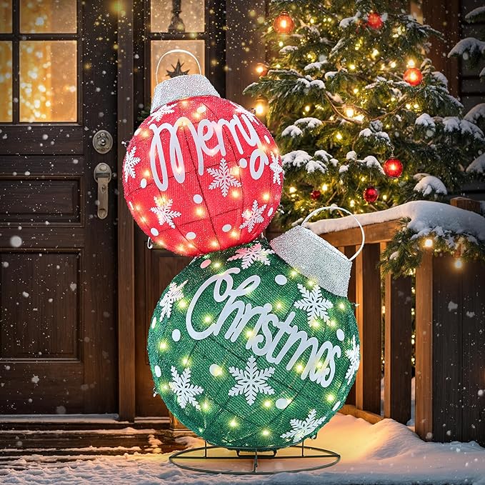 Large Lighted Christmas Ball Ornaments,35Inch 3D Pre-Lit LED Holiday Decor with Base for Outdoor Yard, Garden,Patio-Festive Glow (Red/Green)