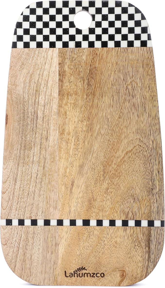 Mango Wood Oval Cutting Board Chopping Board, Cheese Board, and Charcuterie - Decorative Wooden Serving Board for Kitchen and Dining Room (Checkered Oval, 14x8 Inches)