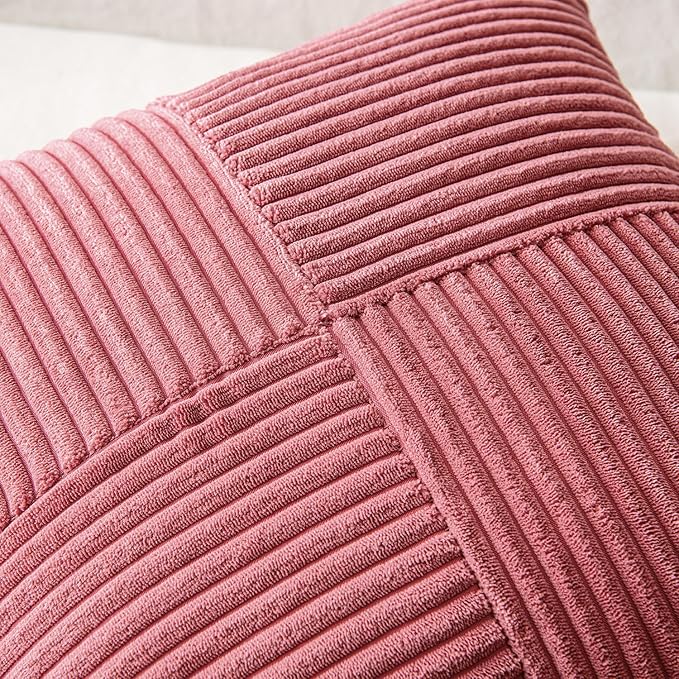 MIULEE Cranberry Red Corduroy Pillow Covers Pack of 2 Boho Decorative Spliced Throw Pillow Covers Soft Solid Couch Pillowcases Cross Patchwork Textured Covers for Living Room Bed Sofa 16x16 inch