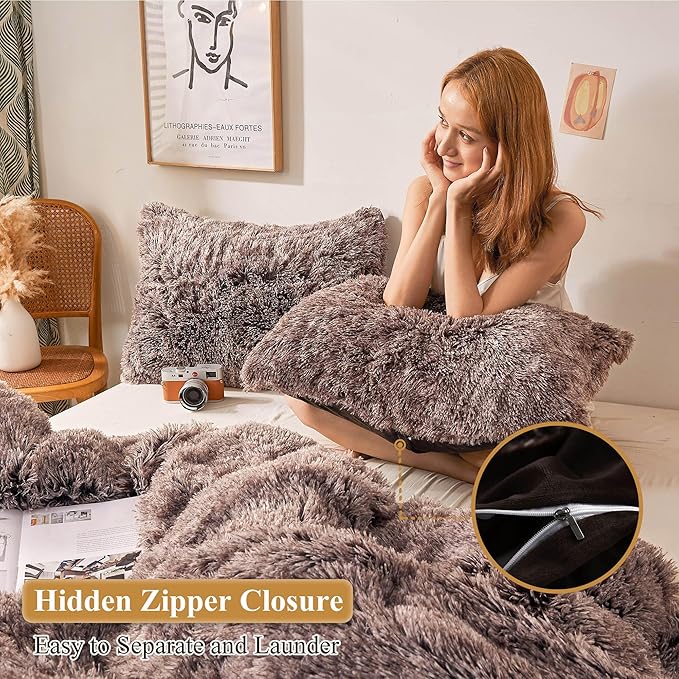 XeGe Faux Fur Throw Pillow Cases, Plush Shaggy Ultra Soft Pillow Covers, Fluffy Crystal Velvet Decorative Pillowcases, Furry Fuzzy Pillow Shams Zipper Closure, Set of 2 (Standard, Chocolate Ombre)