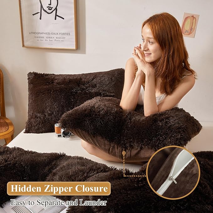 XeGe Faux Fur Brown Pillow Cases, Plush Shaggy Ultra Soft Fluffy Velvet Decorative Pillowcases, Furry Fuzzy Pillow Shams Zipper Closure, Set of 2 (King,Coffee)