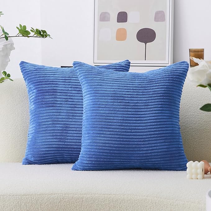 Home Brilliant Rectang Pillow Covers 20x20 Super Soft 2 Pack Corduroy Striped Throw Pillows for Sofa Couch Bed, (50x50 cm), 20 x 20 Inch, Blue