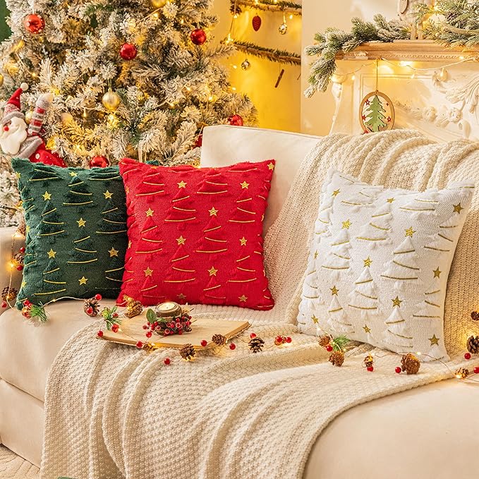 AQOTHES Christmas Tree Decorative Green Throw Pillow Covers 24x24 Set of 2, Faux Fur Farmhouse Throw Pillows Cushion Cases for Xmas Winter Holiday Home Decor