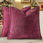 decorUhome Christmas Chenille Soft Throw Pillow Covers 22x22 Set of 2, Farmhouse Velvet Neutral Decorative Euro Pillow Covers with Stitched Edge for Couch Sofa Bed Home Decor, Rhododendron