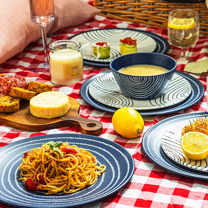 bzyoo 12 Piece Melamine Dinnerware Set - Durable, Dishwasher Safe Blue Plates and Bowls - Dining, Parties, Camping Dish Set Blue Planet Collection