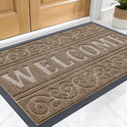 OLANLY Welcome Door Mat Indoor Outdoor Entrance, Heavy Duty Sturdy Front Door Mat, Waterproof All-Weather Doormat, Stain Resistant, Low Profile, Easy Clean Patio Entryway Mat, 29.5 x 17, Light Brown