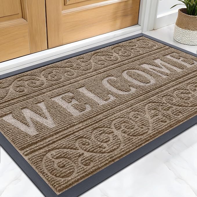 OLANLY Welcome Door Mat Indoor Outdoor Entrance, Heavy Duty Sturdy Front Door Mat, Waterproof All-Weather Doormat, Stain Resistant, Low Profile, Easy Clean Patio Entryway Mat, 29.5 x 17, Light Brown