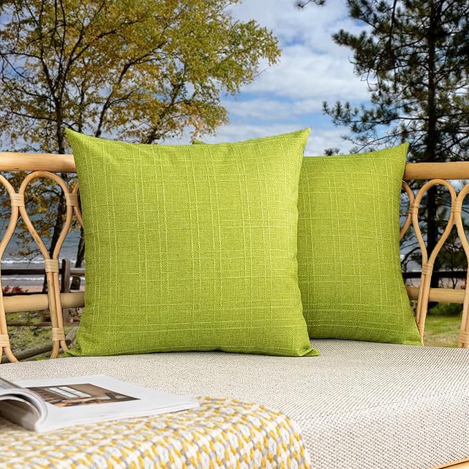 Kevin Textile Pack of 2 Decorative Outdoor Waterproof Pillow Covers Spring Checkered Garden Cushion Sham Throw Pillowcase Shell for Patio Tent Couch 16x16 Inch Green