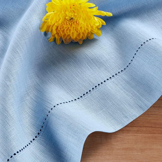 Solino Home Linen Cornflower Blue Table Runner 120 Inches Long - 100% Pure Linen Hemstitch 14 x 120 Inch Table Runner for Dining, Christmas, Holiday - Classic Hemstitch
