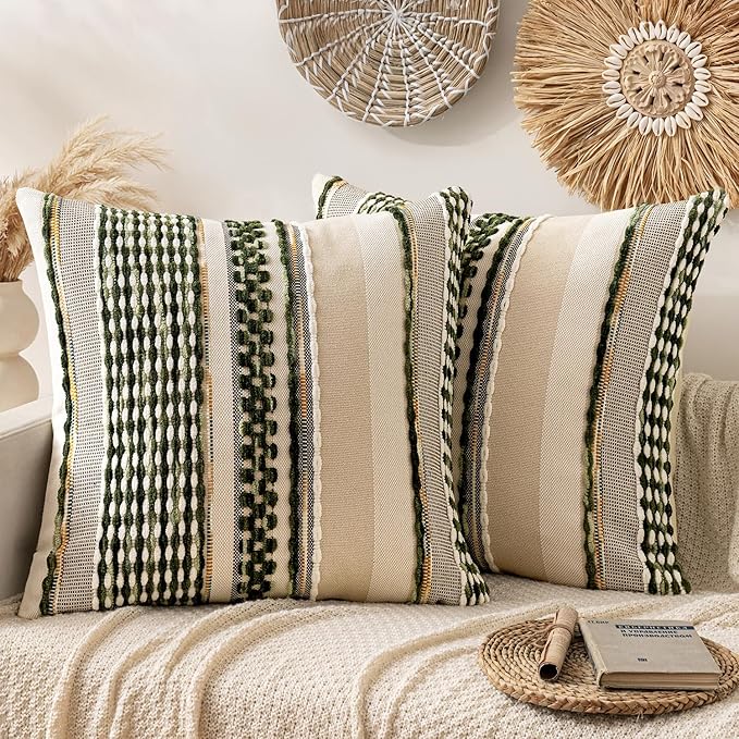 ANRODUO Pack of 2 Boho Decorative Throw Pillow Covers 26x26 Farmhouse Cushion Case Striped Chenille Pillow Cases Square Pillow Covers Accent Neutral Pillowcase for Sofa Couch Bed, Olive Green Stripe