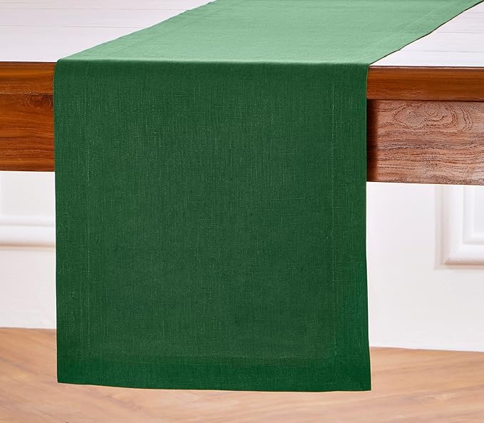 Solino Home Linen Table Runner 48 Inches - 100% Pure Linen Pine Green Table Runner 14 x 48 Inch Ideal for Dresser and Coffee Tables - Fall, Autumn, Thanksgiving, Christmas - Fete