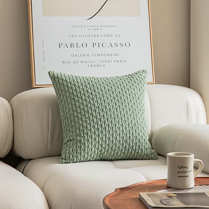 Kevin Textile 2 Packs Decorative Throw Pillow Covers 20x20 Inch for Living Room Couch Bed Spring Sofa Soft Striped Corduroy Square Cushion Case 50x50 cm Farmhouse Boho Home Decor Sage Green