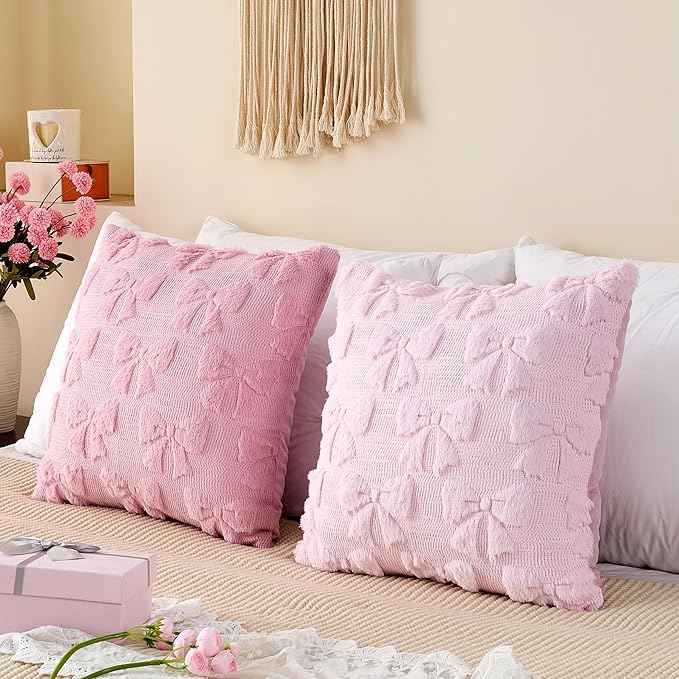 Pink Christmas Pillow Covers 18x18 Set of 2 Valentine Coquette Room Decor Cute Faux Fur Soft Aesthetic Bowknot Plush Preppy Fluffy Decorative Throw Cushion Case for Sofa Couch Bed Chair Living Room