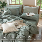 MooMee Bedding Duvet Cover Set 100% Washed Cotton Linen Like Textured Breathable Durable Soft Comfy (Heathered Green, Oversized Full 82"x86")