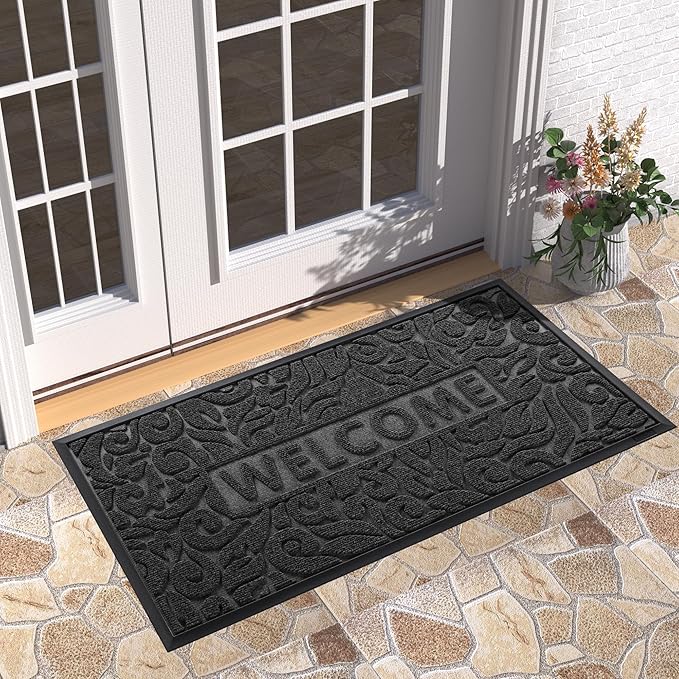 Yimobra Large Welcome Mat 47x24, Waterproof Non-Slip Outdoor Mats for Front Door Outside Entrance, Low-Profile Entryway Mat Indoor for Garage Patio, Black