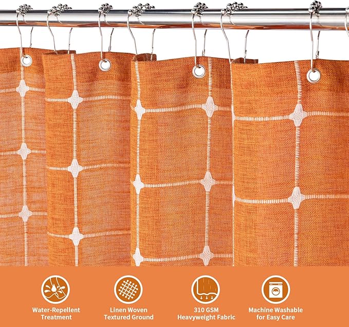 MitoVilla Orange Boho Shower Curtains for Modern Farmhouse Bathroom Decor, Vintage Country Thick Polyester Linen Fabric Shower Curtain, Rustic Tassel Cloth Shower Curtain, 72 x 72