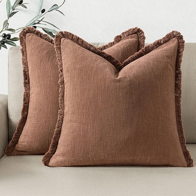 Woaboy Decorative Linen Fringe Throw Pillow Covers Boho Farmhouse Soft Euro Accent Pillowcases with Tassels for Bed Couch Sofa Living Room Bedroom,24x24 Inch Set of 2,Rust Brick