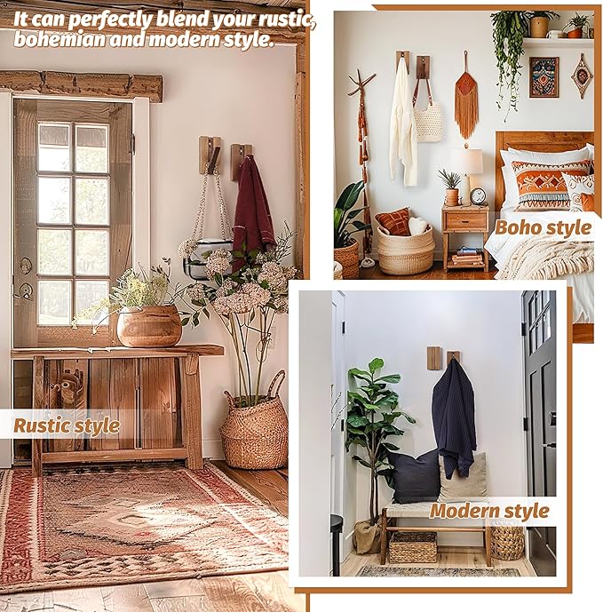 Foldable Wall Hooks 2Pack: Rustic Wooden Coat Hooks Mounted for Heavy Duty Hanging Hats Bags Beach Towels, Space Saving Minimalist Design for Aesthetic Homeowner