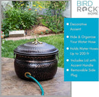 BIRDROCK HOME Water Hose Holder - Decorative Metal Pot, Indoor or Outdoor, Garden Storage Organizer, Patio Portable Bucket - Distressed Bronze, Holds up to 200ft Hoses, Large with Lid
