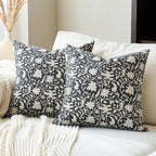 Floral Throw Pillow Covers 24x24 Farmhouse Block Print Pillow Covers Decorative Pillow Covers Couch Pillows for Living Room Vintage Accent Sofa Pillows Set of 2, Black