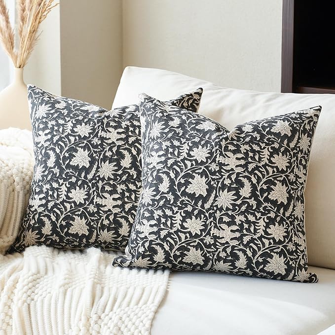 Floral Throw Pillow Covers 24x24 Farmhouse Block Print Pillow Covers Decorative Pillow Covers Couch Pillows for Living Room Vintage Accent Sofa Pillows Set of 2, Black