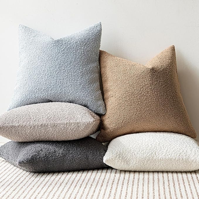 Foindtower Set of 2, Decorative Textured Boucle Throw Pillow Covers Accent Solid Pillow Cases Soft Cozy Couch Cushion Case for Chair Sofa Bedroom Living Room Home Decor 24 x 24 Inch Taupe Khaki Camel
