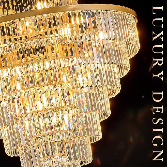 8 Tiers Large Gold Crystal Chandeliers 28 Lights 43.3" Modern Luxury Chandelier for High Ceiling Foyer Round K9 Ceiling Pendant Light Fixture for Living Dining Room Hotel Lobby
