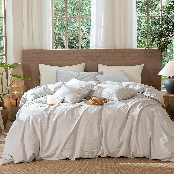 MooMee Wavy Striped Duvet Cover Set 100% Washed Cotton Linen Like Textured Breathable Durable Soft Comfy (Light Grey, Queen 90"x90")