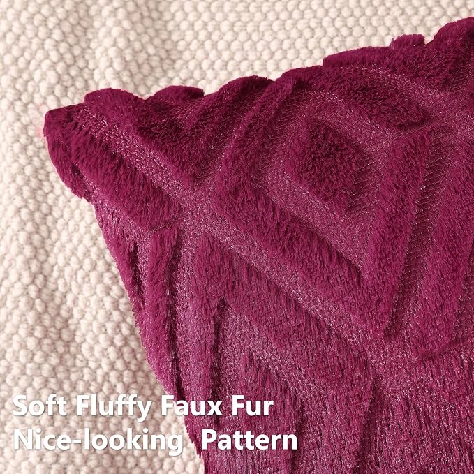 Pallene Christmas Burgundy Throw Pillow Covers 12x20 Set of 2, Soft Plush Faux Fur Decorative Lumbar Couch Pillow Covers for Sofa Bed Living Room Pillow Cases with 3D Diamond Pattern