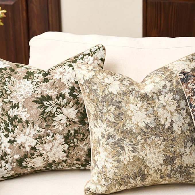 Yangest Neutral Floral Pillow Cover 18 x18 Inches, Vintage Chenille Square Throw Pillow Cover Soft Decorative Farmhouse Accent Couch Pillow Cover for Living Room Bedroom, Beige