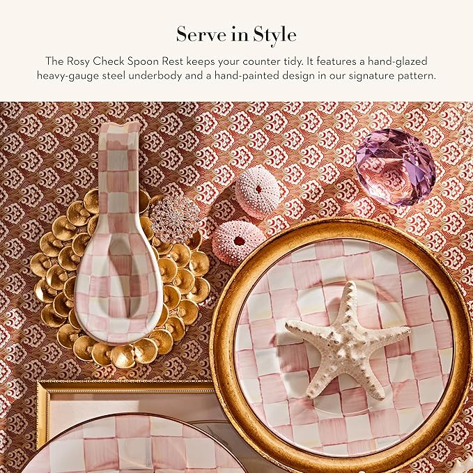 MACKENZIE-CHILDS Enamel Spoon Rest, Kitchen Spoon Holder and Utensil Rest for Stovetop, Pink-and-White Rosy Check
