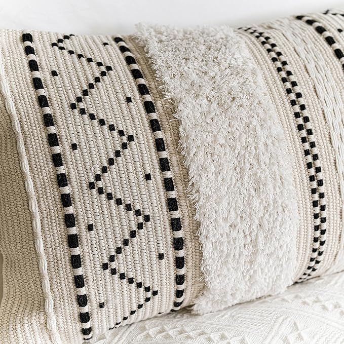 BlissBlush Decorative Lumbar Throw Pillow Cover 12x20 Rectangular Boho Accent Pillowcase Black Neutral White Farmhouse Cushion for Couch Sofa Bedroom Living Home Décor (Cover ONLY, Pack of 1)