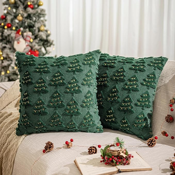 AQOTHES Christmas Tree Decorative Green Throw Pillow Covers 20x20 Set of 2, Faux Fur Farmhouse Throw Pillows Cushion Cases for Xmas Winter Holiday Home Decor