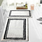 Tititex Luxury White Black Frame Line Bathroom Rug, 20x32 inch + 16x24 inch 2 pcs Extra Soft and Absorbent Microfiber, Non-Slip Plush Shaggy Bath Carpet, Mats for Floor, Tub and Shower