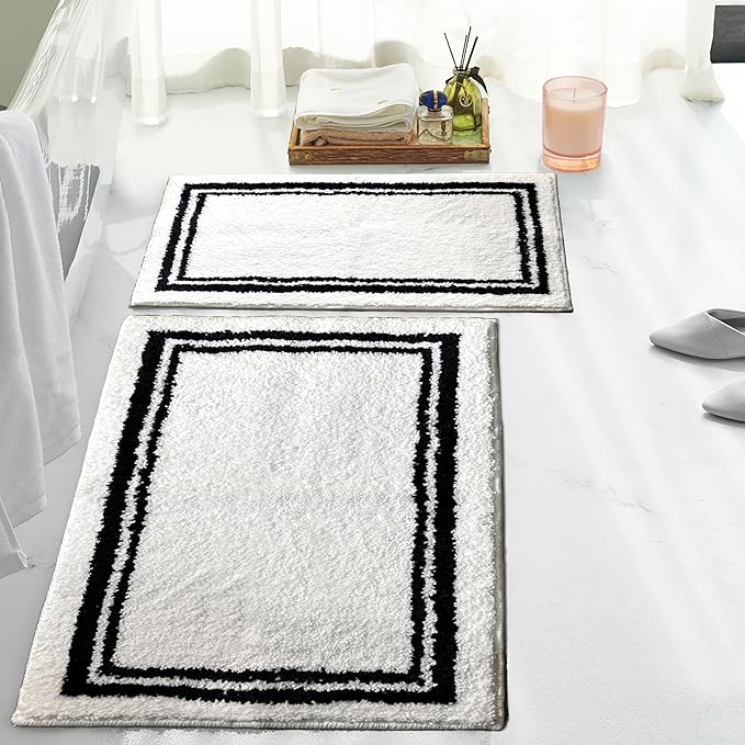 Tititex Luxury White Black Frame Line Bathroom Rug, 20x32 inch + 16x24 inch 2 pcs Extra Soft and Absorbent Microfiber, Non-Slip Plush Shaggy Bath Carpet, Mats for Floor, Tub and Shower