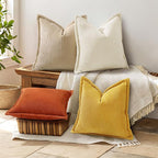 decorUhome Christmas Corduroy Cream White Throw Pillow Covers 16x16 Set of 2 Decorative Soft Boho Farmhouse Euro Couch Pillow Covers for Living Room Bed Sofa Broadside Striped Pillow Cases