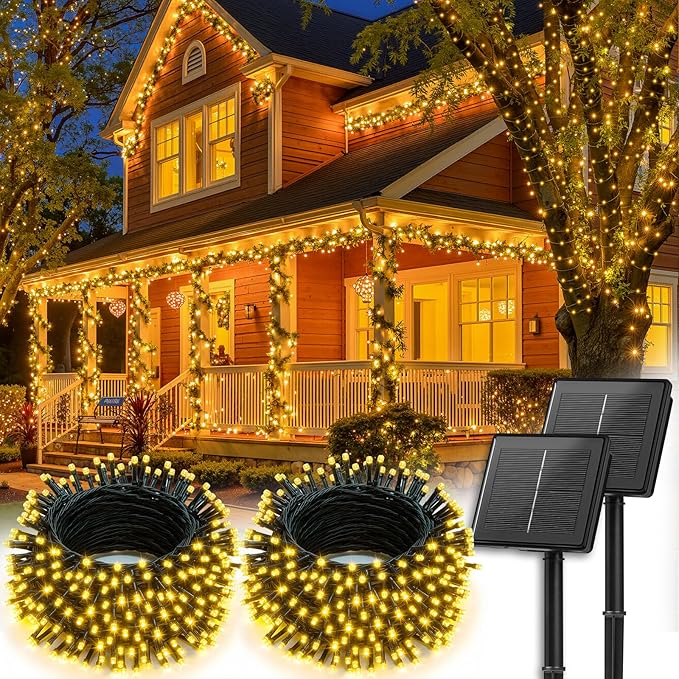 Brightown 2 Pack Solar String Lights Outdoor, Total 144Ft 400 LED Twinkle Fairy Lights Waterproof with 8 Modes Auto On/Off for Patio Tree Garden Party Home Wedding Christmas Decorations (Warm White)