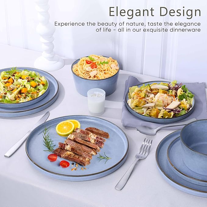 Herogo Dinnerware Sets with Pasta Bowls for 4, 16 Piece Dinner Salad Plates and Cereal Serving Bowls, Stoneware Dishes Dinner Ware for Home Kitchen, Dishwasher & Microwave Safe, Haze Blue