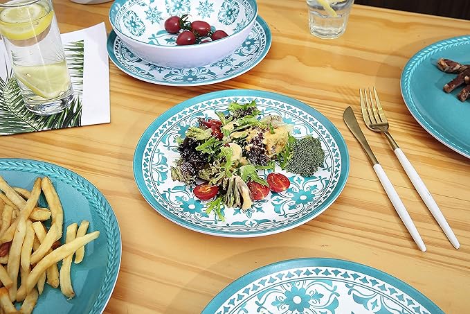 Melamine Dinnerware Set 12-Piece (Service for 4) – Dishwasher Safe, Unbreakable Lightweight Plates & Bowls for Indoor/Outdoor Use – Patio, Kids, Camping