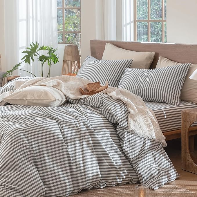 MooMee Striped Duvet Cover Set 100% Washed Cotton Linen Like Textured Breathable Durable Soft Comfy (Dark Grey White Classic Stripes, Super King Plus 120"x120")