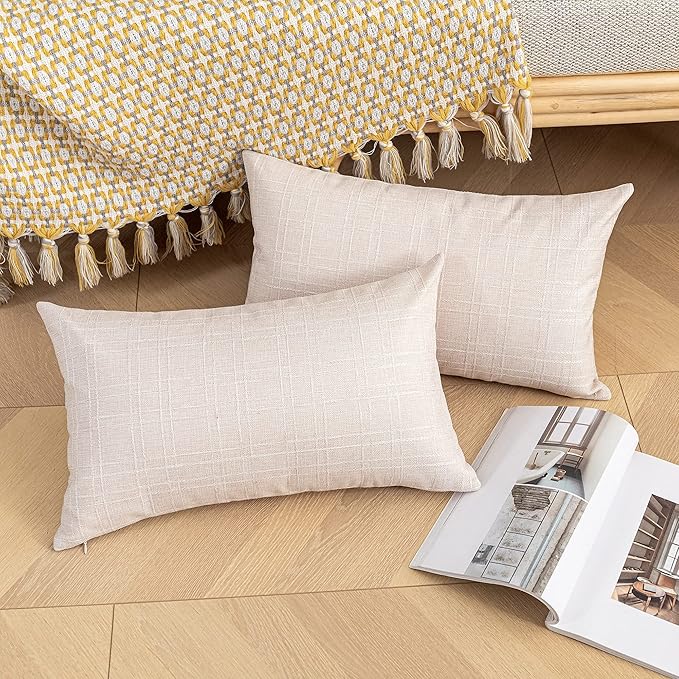 Kevin Textile Pack of 2 Outdoor Waterproof Throw Pillow Covers Decorative Square Outdoor Checkered Pillows Cushion Case Patio Pillows for Couch 12x20 inches 30x50 cm Light Beige