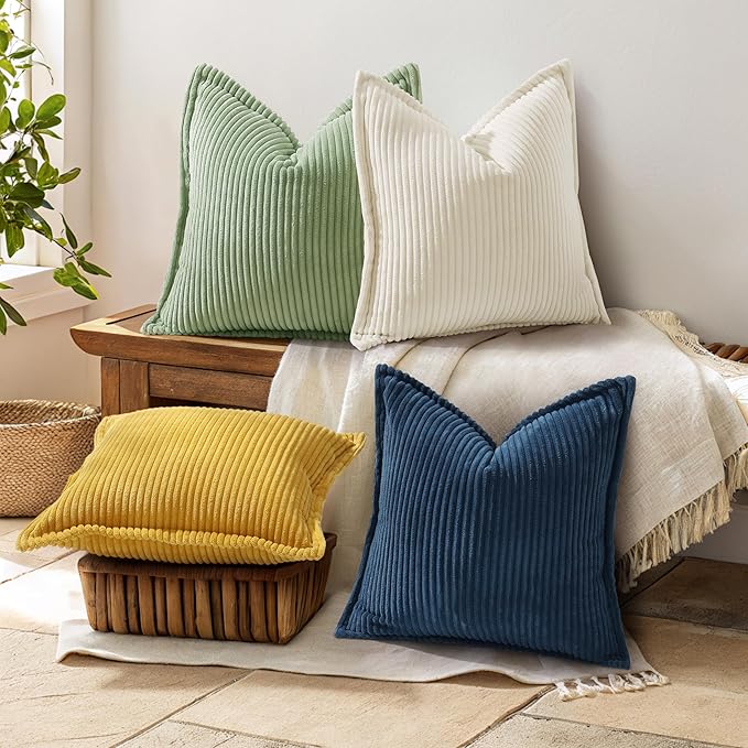 decorUhome Corduroy Navy Blue Throw Pillow Covers 20x20 Set of 2 Decorative Soft Boho Farmhouse Euro Couch Pillow Covers for Living Room Bed Sofa Broadside Striped Pillow Cases