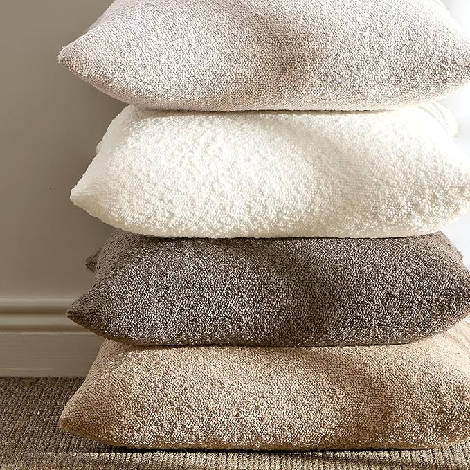 ANRODUO Pack of 2 Textured Boucle Throw Pillow Covers Soft Beige Euro Decorative Accent Solid Pillow Cases Cozy Modern Couch Cushion Case for Chair Sofa Bedroom Living Room Home Decor, 24 x 24 Inch