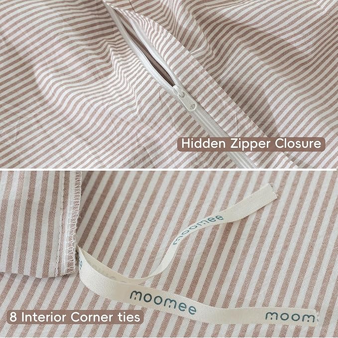 MooMee Striped Duvet Cover Set 100% Washed Cotton Linen Like Textured Breathable Durable Soft Comfy (Orange Pinstripes, Twin 68"x90")
