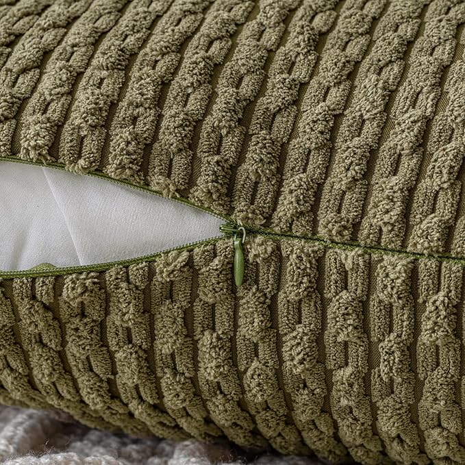MIULEE Pack of 2 Decorative Throw Pillow Covers 16x16 Inch Soft Boho Striped Textured Corduroy Pillow Covers Modern Farmhouse Home Decor for Couch Bed Sofa Living Room Olive Green