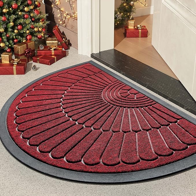 tchdio Door Mat Outdoor Indoor Entrance Doormat-Semicircular Durable Rubber Non Slip Front Door Mat for Outside Inside Entry Entryway Dirt Trapper WelcomeMat for Muddy Paws and Shoes-Red 17”x30”