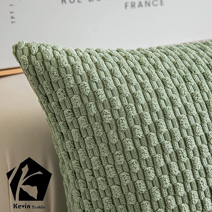 Kevin Textile Pack of 2 Corduroy Decorative Throw Pillow Covers 22x22 Inch Spring Soft Boho Striped Pillow Covers Modern Farmhouse Home Decor for Spring Sofa Living Room Couch Bed Sage Green