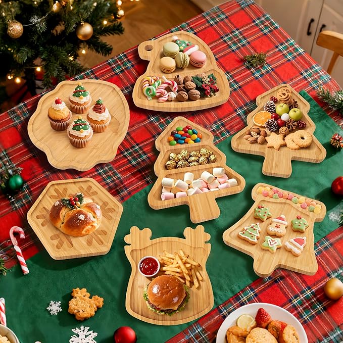 TJ POP Christmas Tree Serving Platter | Decorative Bamboo Serving Tray for Cheese, Cookies, Dessert | 12 x 9 Inches | Natural Wood Candy Snack Board Cute Charcuterie Board | Holiday Kitchen Decor