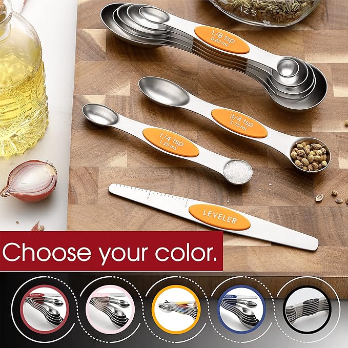 Spring Chef Magnetic Measuring Spoons Set, Dual Sided, Stainless Steel, Fits in Spice Jars, Mango, Set of 8, 2 Pack
